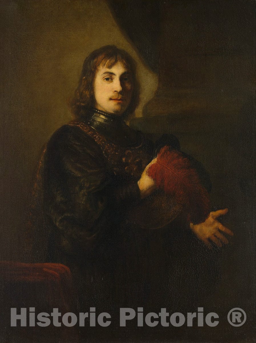Art Print : Style of Rembrandt - Portrait of a Man with a Breastplate and Plumed Hat : Vintage Wall Art