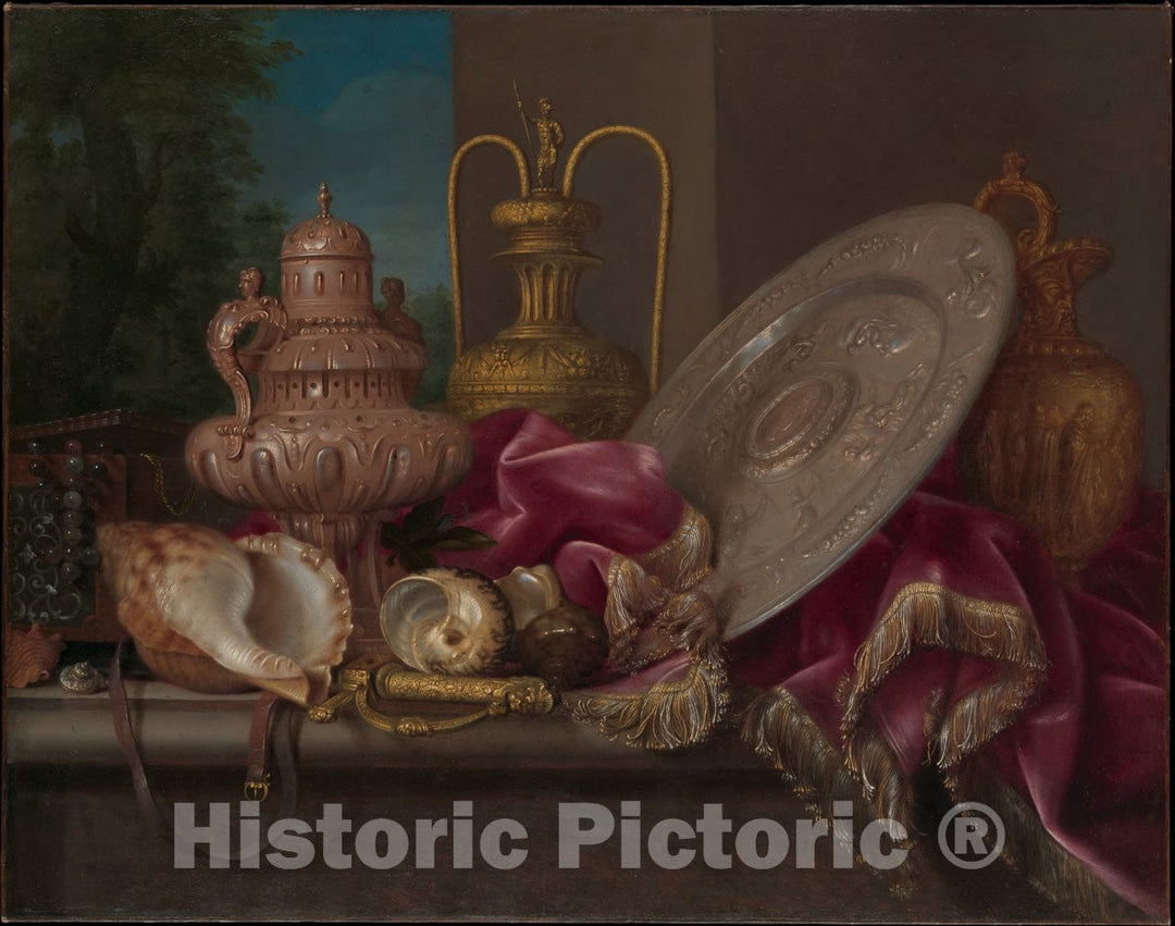 Art Print : Meiffren Conte - Still Life with Silver and Gold Plate, Shells, and a Sword : Vintage Wall Art