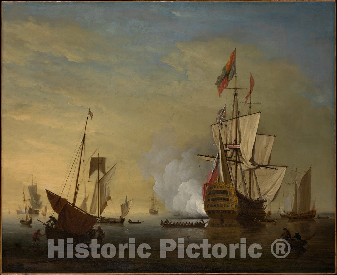 Art Print : Peter Monamy - Harbor Scene: an English Ship with Sails Loosened Firing a Gun : Vintage Wall Art