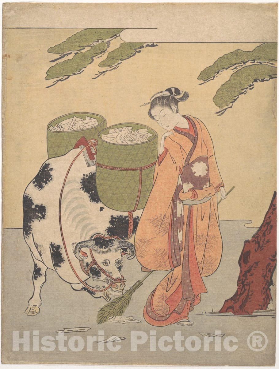Art Print : Suzuki Harunobu - A Woman Sweeping up Her Love Letters - Japan : Vintage Wall Art