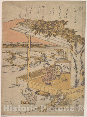 Art Print : Katsukawa Shunsh? - Woman on Veranda, Spinning; Another Pounding Cloth on Rock in Foreground - Japan : Vintage Wall Art