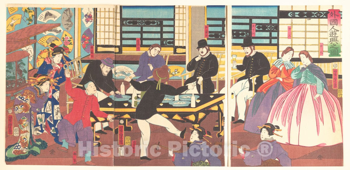 Art Print : Utagawa Yoshitora - Foreigners Enjoying a Party - Japan : Vintage Wall Art