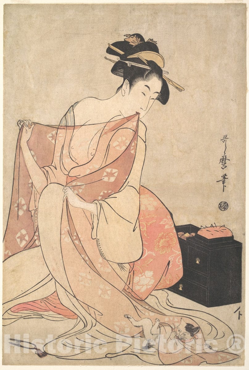 Art Print : Kitagawa Utamaro - A Woman and a Cat - Japan : Vintage Wall Art