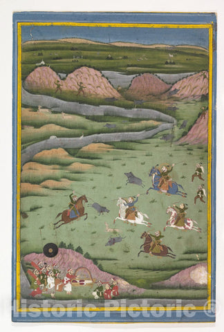 Art Print : Maharana Amar Singh II or Sangram Singh Hunting Wild Boar : Vintage Wall Art