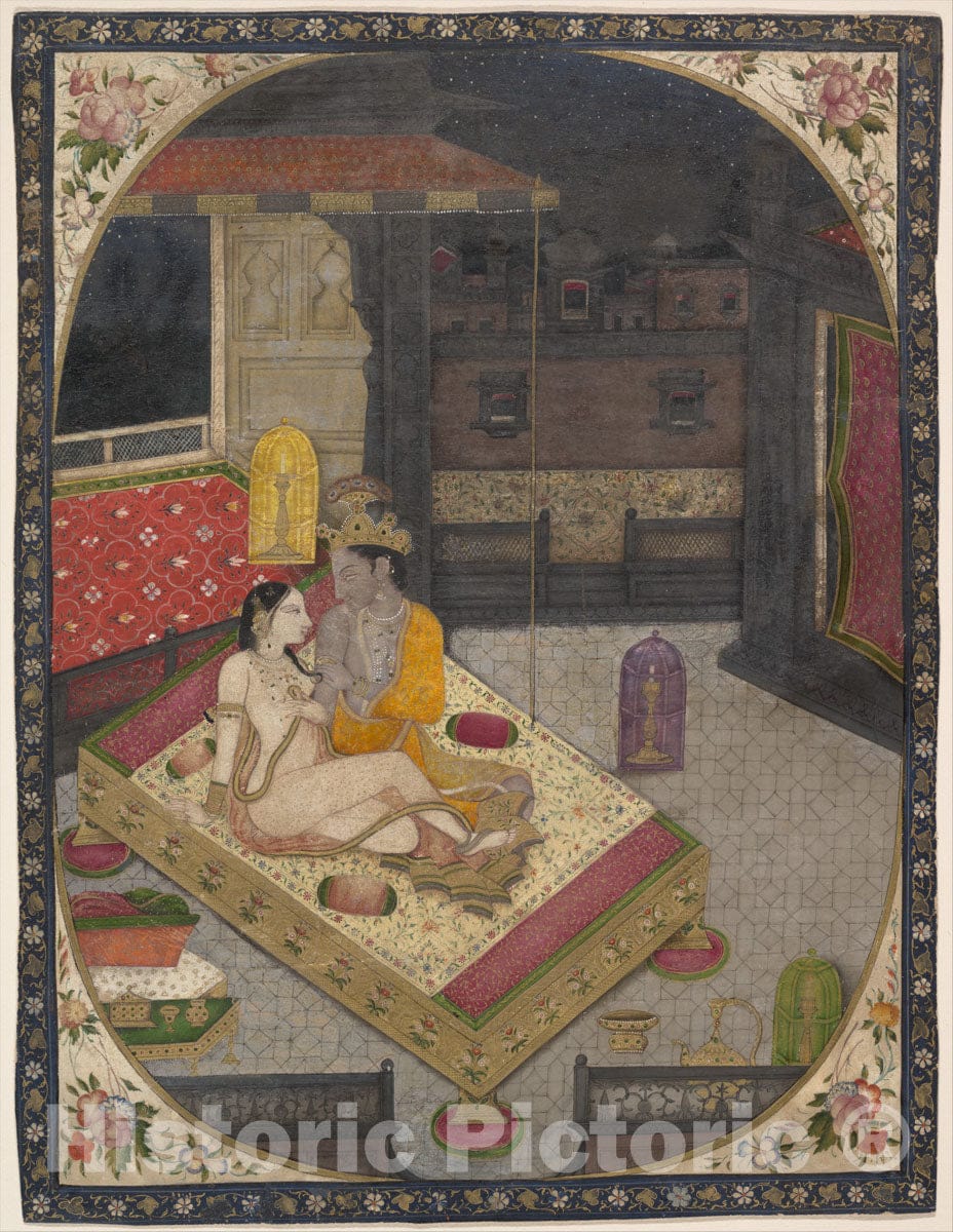 Art Print : Radha and Krishna on a Bed at Night : Vintage Wall Art
