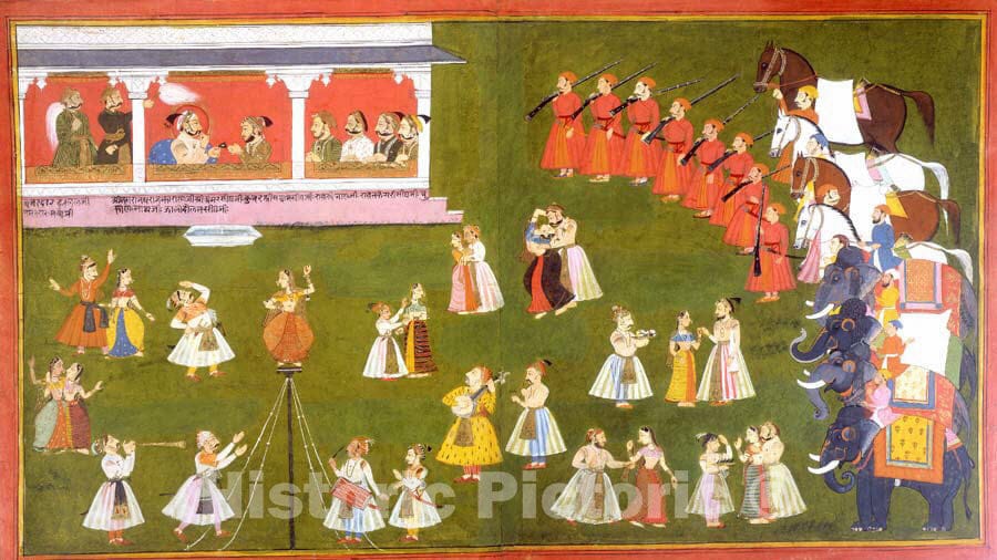Art Print : Maharana Amar Singh II, Prince Sangram Singh and Courtiers Watch a Performance : Vintage Wall Art