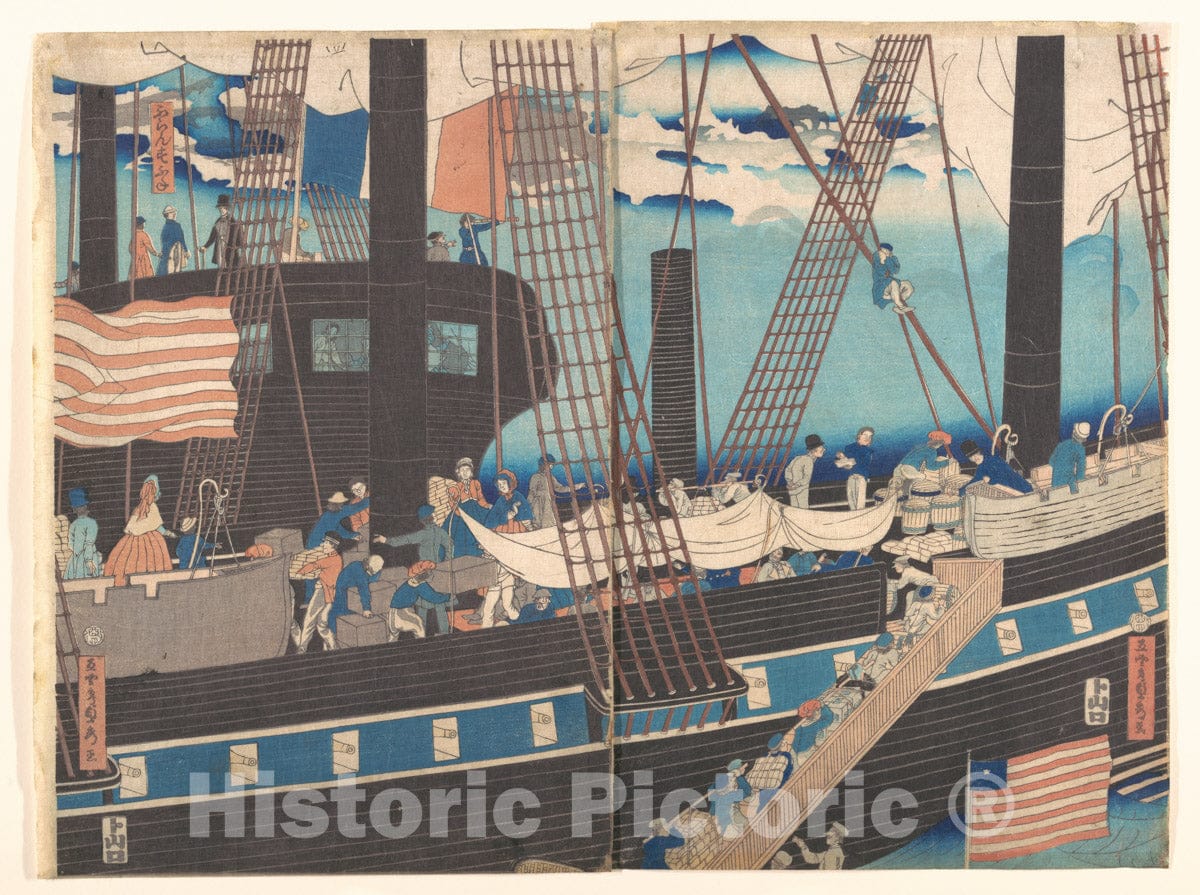 Art Print : Utagawa (Gountei) Sadahide - “Yokohama Trade: Westerners Loading Cargo” - Japan : Vintage Wall Art