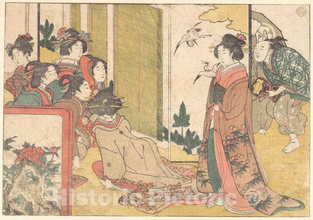 Art Print : Kitagawa Utamaro - Girls Entertained by Performers, from The Illustrated Book Flowers of The Four Seasons - Japan : Vintage Wall Art