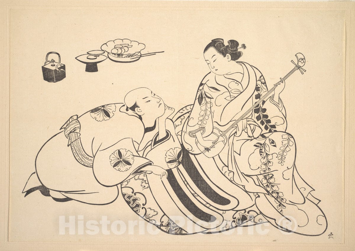 Art Print : Okumura Masanobu - an Oiran Playing The Shamisen to a Young Man Kneeling by Her Side in Rapt Attention - Japan : Vintage Wall Art