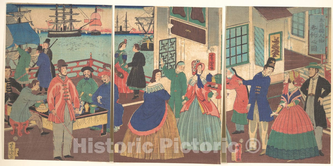 Art Print : Utagawa Yoshitora - View of Eating and Drinking by People of Five Countries - Japan : Vintage Wall Art