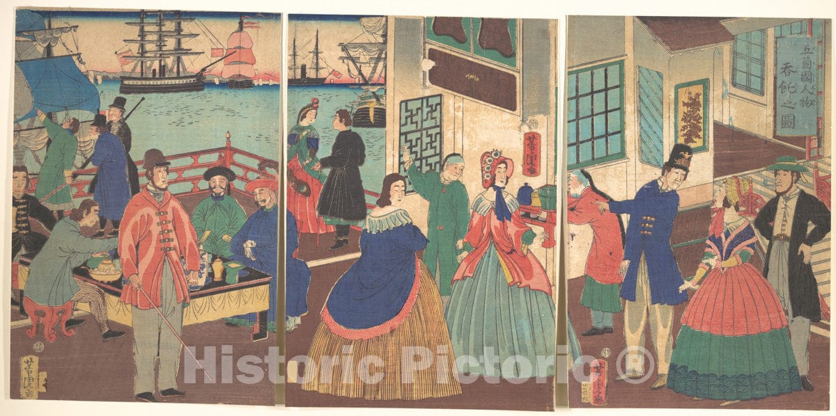 Art Print : Utagawa Yoshitora - View of Eating and Drinking by People of Five Countries - Japan : Vintage Wall Art
