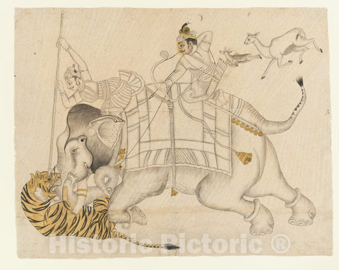 Art Print : Maharao Shatru Sal II (1866–89) Hunting a Tiger : Vintage Wall Art