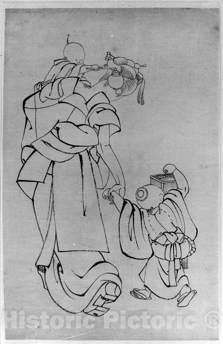 Art Print : School of Katsushika Hokusai - Mother and Children in Summer Night - Japan v.2 : Vintage Wall Art