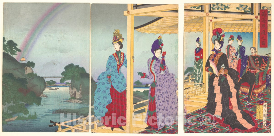 Art Print : Y?sh? (Hashimoto) Chikanobu - A Garden Refreshed by The Passing Rain (Ukasentei no zu) - Japan : Vintage Wall Art