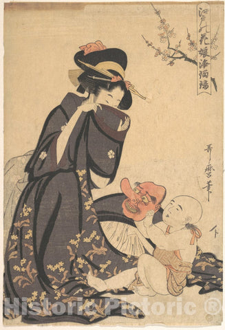 Art Print : Kitagawa Utamaro - A Woman Playing with a Young Boy - Japan : Vintage Wall Art