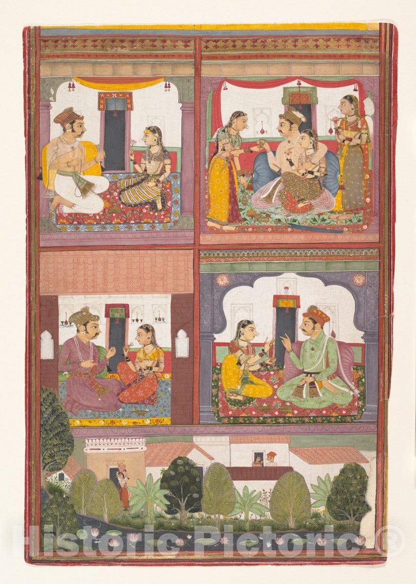 Art Print : Four Love Scenes and a Landscape: Page from a Dispersed Raskapriya : Vintage Wall Art
