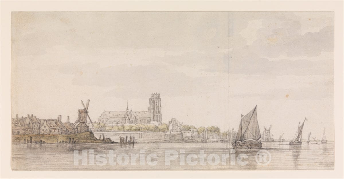 Art Print : Aelbert Cuyp - View of The Groote Kerk in Dordrecht from The River Maas : Vintage Wall Art