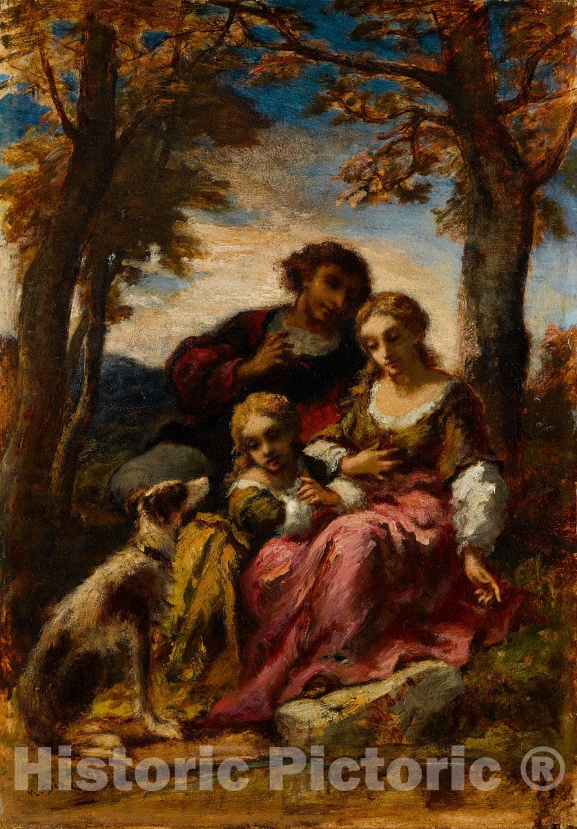 Art Print : Narcisse-Virgile Diaz de la Peña - Figures and a Dog in a Landscape : Vintage Wall Art