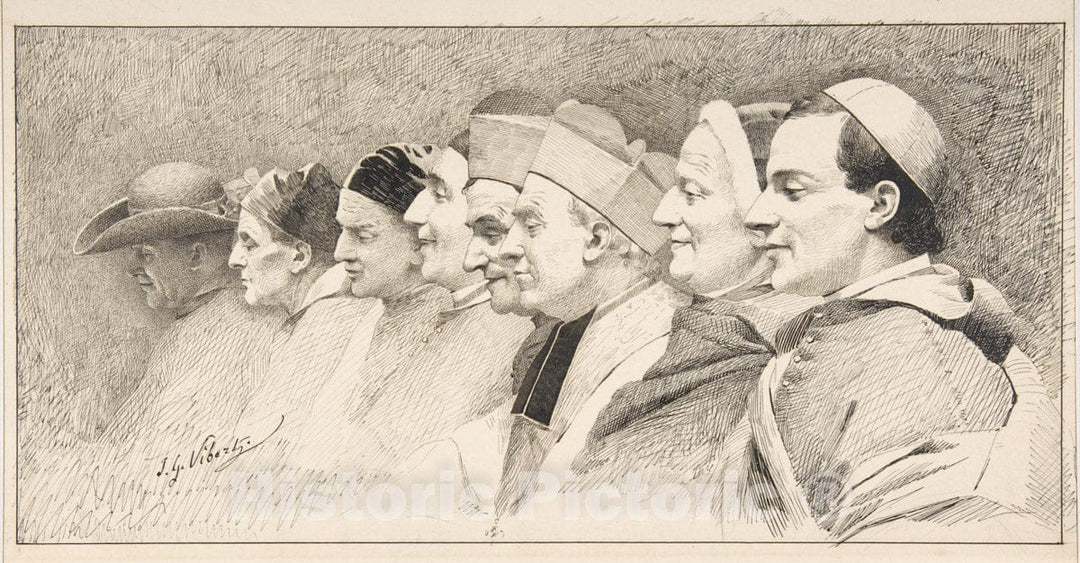 Art Print : Jean-Georges Vibert - Eight Heads of Ecclesiastics : Vintage Wall Art