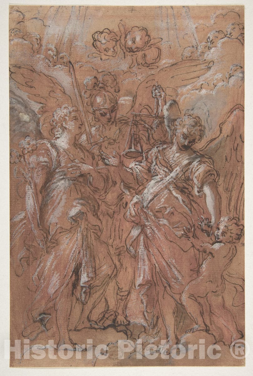 Art Print : Giuseppe Passeri (Passari) - The Archangels Gabriel, Michael and Raphael (Recto); Sketches of Figures (Verso) : Vintage Wall Art