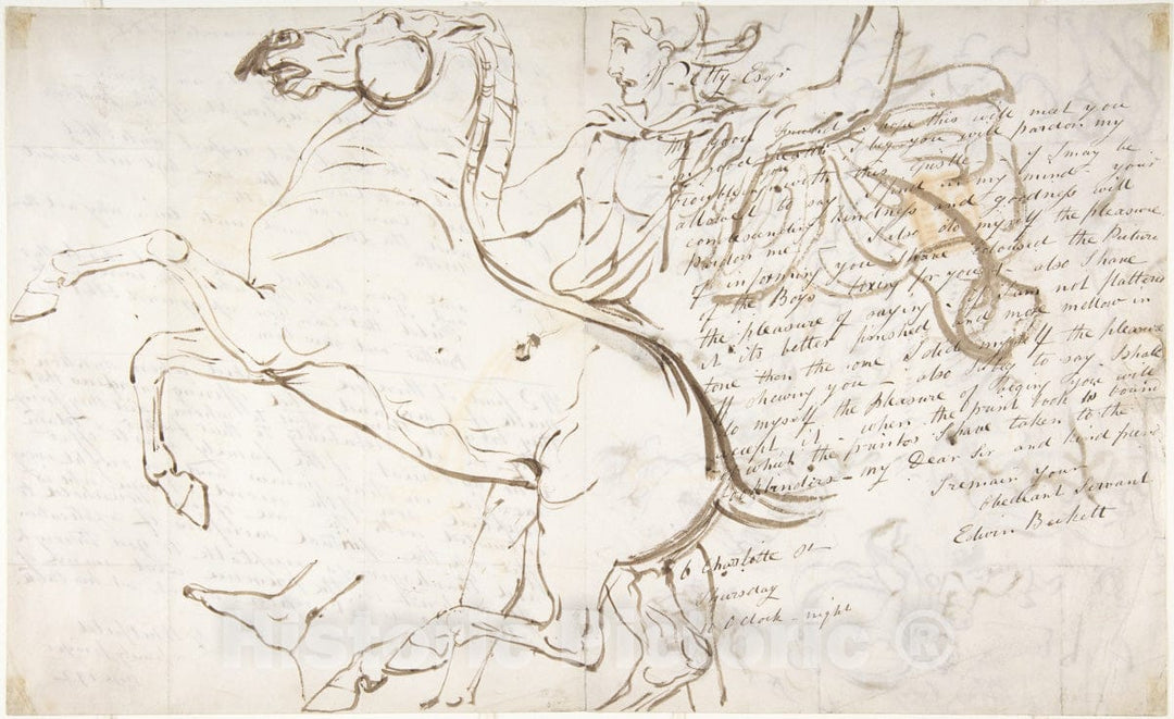 Art Print : William Etty - Rearing Horse and Trainer, Drawn on a Letter. Verso: Studies of Women and Children : Vintage Wall Art