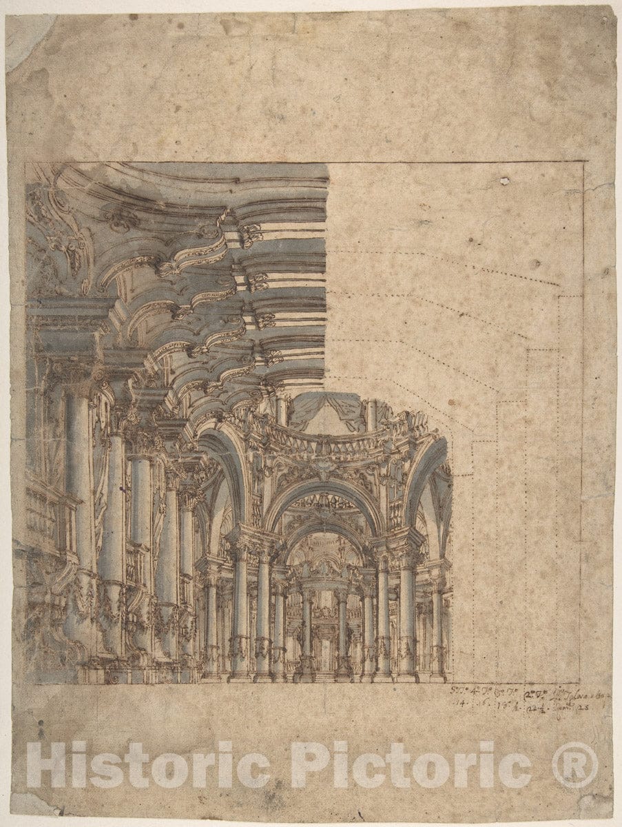Art Print : Giovanni Maria Galli Bibiena, The Younger - Framed Unfinished Design of a Baroque Church Interior. : Vintage Wall Art