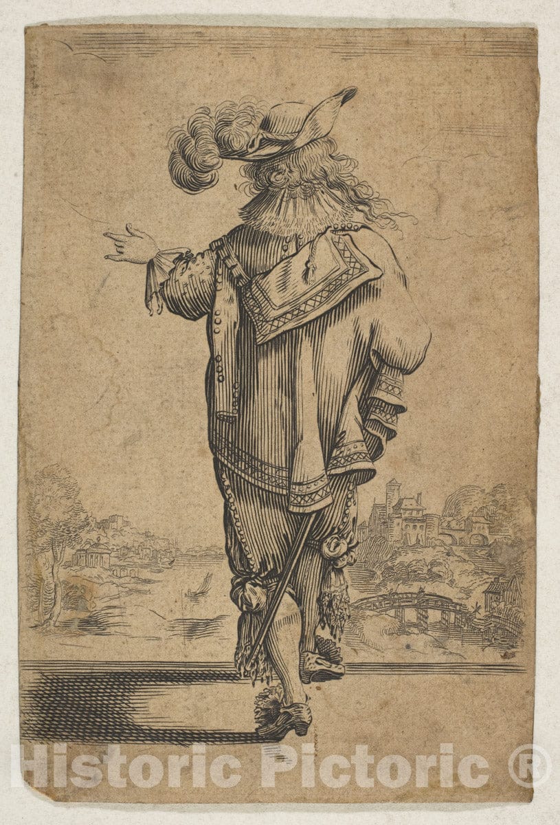 Art Print : Anonymous, French, 17th Century - Gentleman Seen from The Back Indicating a Landscape 2 : Vintage Wall Art