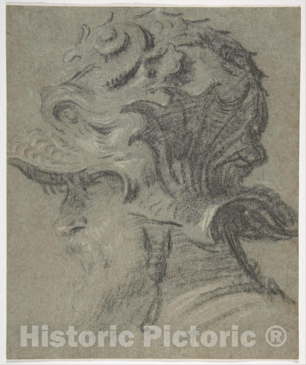 Art Print : Study of a Bearded Man Wearing The Negroli Helmet of Guidobaldo II Della Rovere, Duke of Urbino - Italian, Venice : Vintage Wall Art