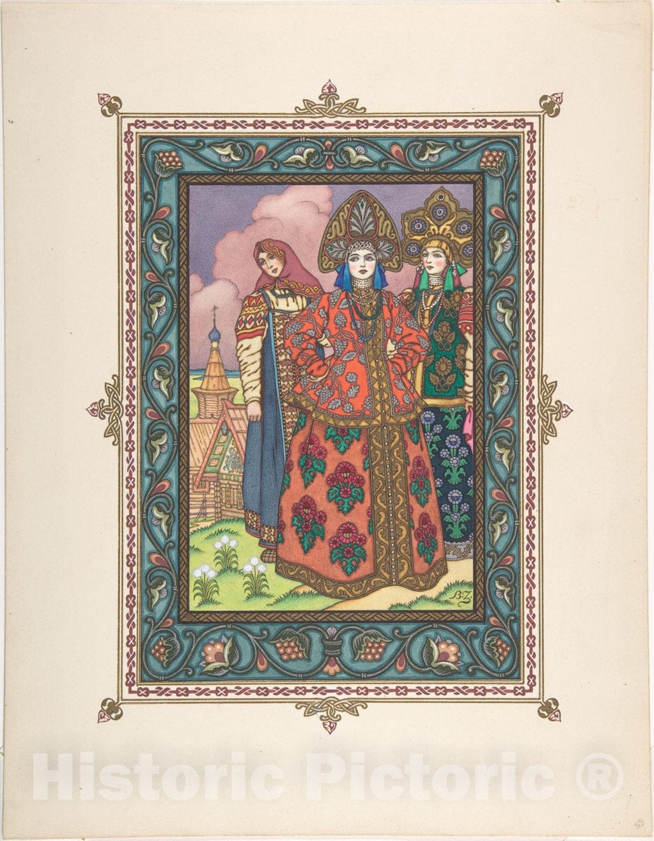 Art Print : Boris Zvorykin - Illustration for La Belle Vassilissa The Stepmother and Step Sisters : Vintage Wall Art