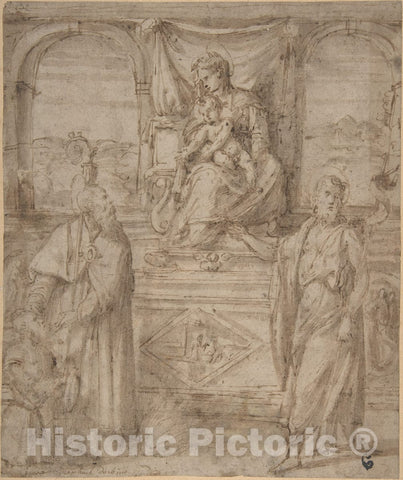 Art Print : Niccolò dell' Abate - Madonna and Child Enthroned with Saint Basil The Great and Saint John The Baptist and Donor : Vintage Wall Art