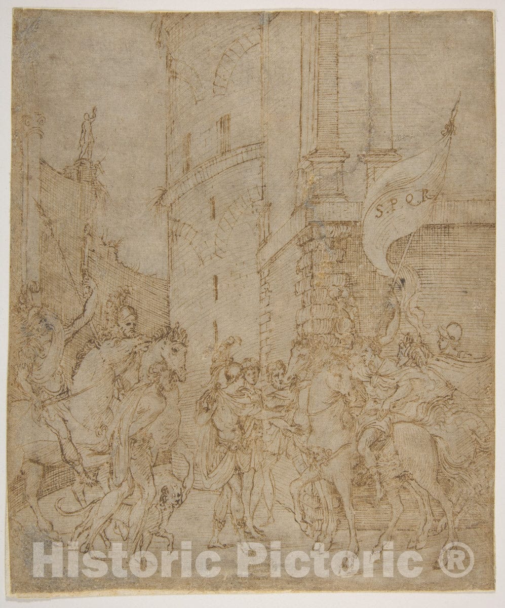 Art Print : School of Marcantonio Raimondi - Emperor greeted by a Warrior : Vintage Wall Art