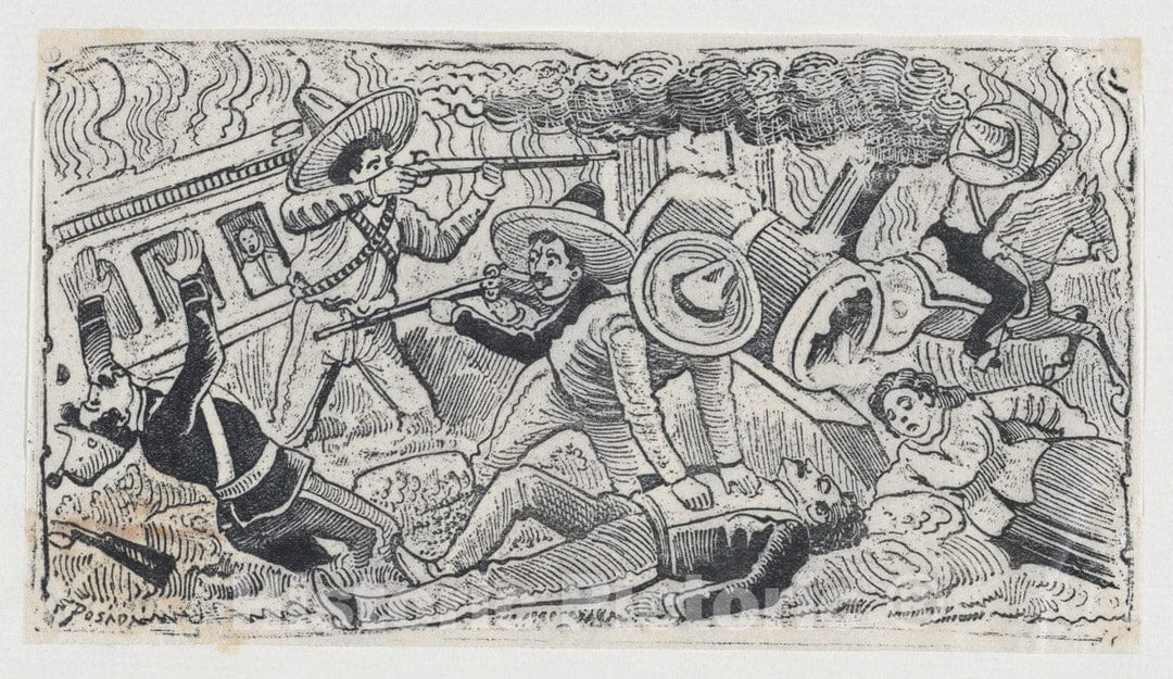 Art Print : José Guadalupe Posada - Emiliano Zapata's Supporters Attacking a Train, Scene from The Mexican Revolution : Vintage Wall Art