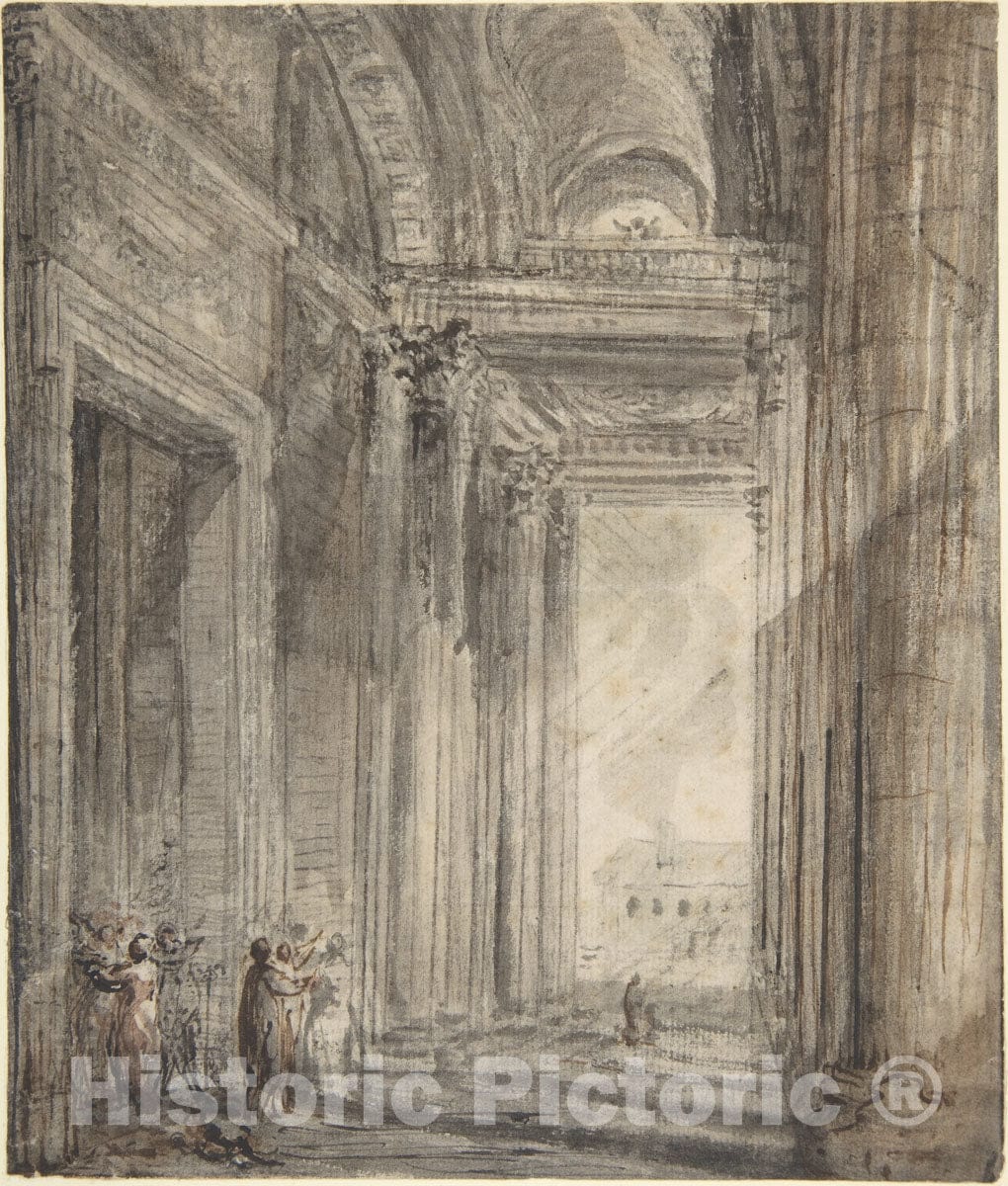 Art Print : Gabriel de Saint-Aubin - Figures in The Portico of Sainte-Geneviève le Panthéon, Paris : Vintage Wall Art