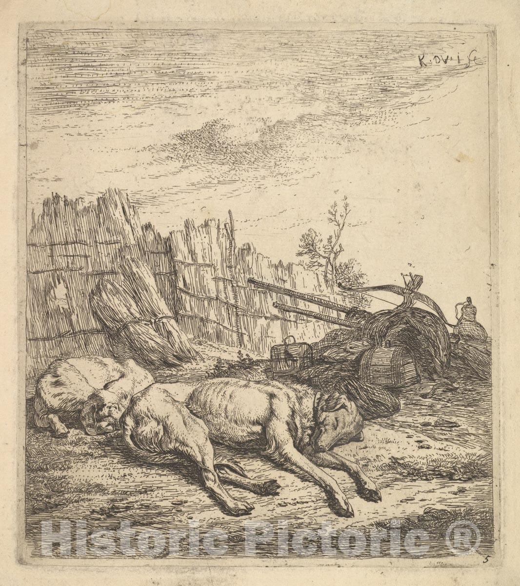 Art Print : Karel Dujardin - Two Dogs Sleeping on The Ground; a Plough, Farm Equipment, Bunches of Straw, and a Fence Beyond : Vintage Wall Art