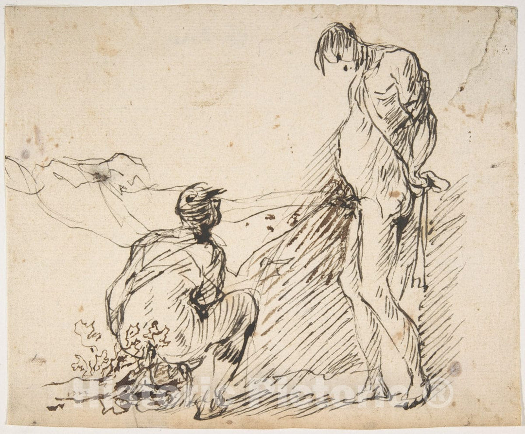 Art Print : Micco Spadaro (Domenico Gargiulo) - A Crouching Man Defecating and a Standing Man Urinating : Vintage Wall Art
