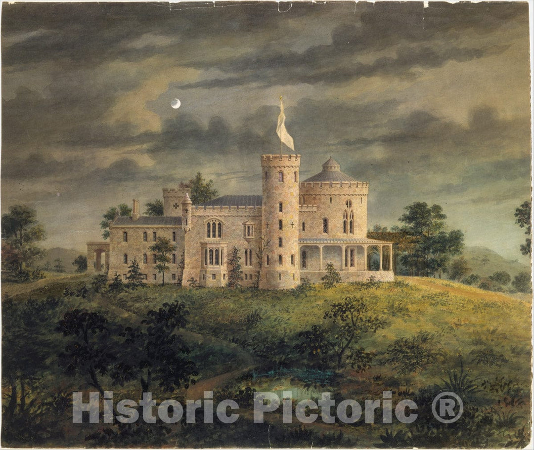 Art Print : Alexander Jackson Davis - Ericstan, for John J. Herrick, Tarrytown, New York (Perspective) : Vintage Wall Art