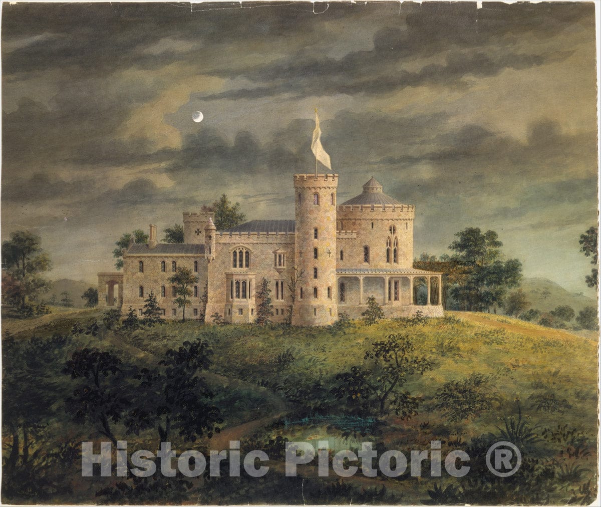 Art Print : Alexander Jackson Davis - Ericstan, for John J. Herrick, Tarrytown, New York (Perspective) : Vintage Wall Art