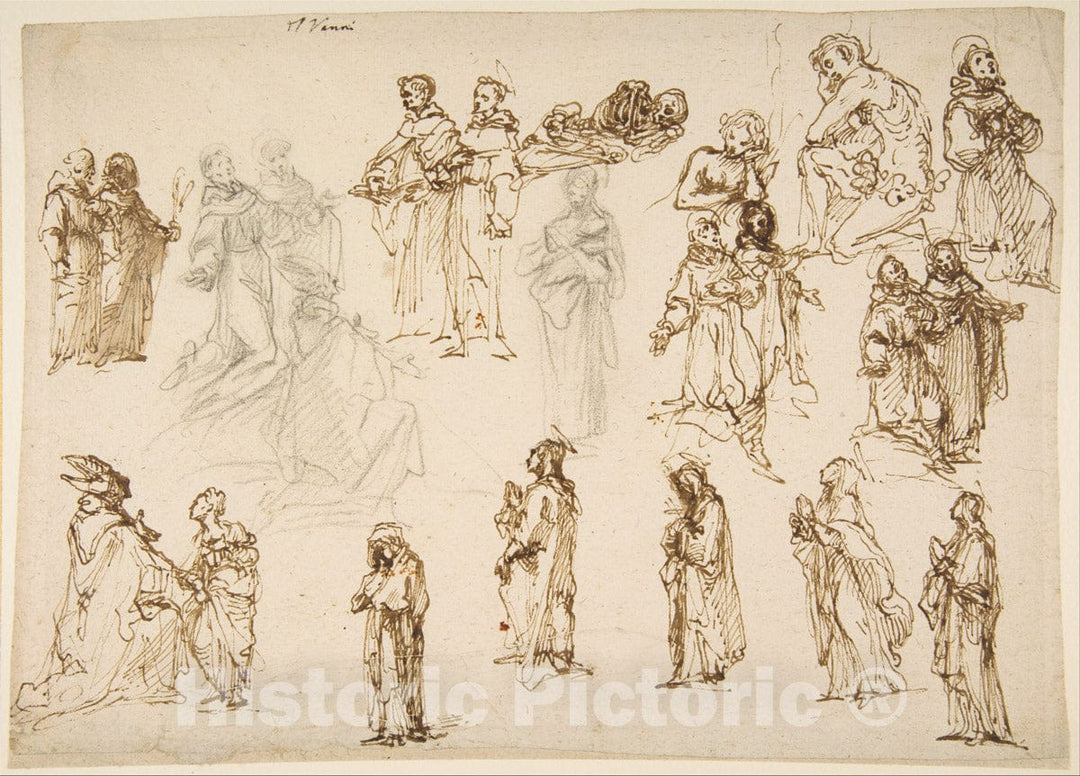 Art Print : Francesco Vanni - Figure Studies: Standing and Kneeling Clerics and Religious, Adam and Eve, and a Reclining Skeleton : Vintage Wall Art