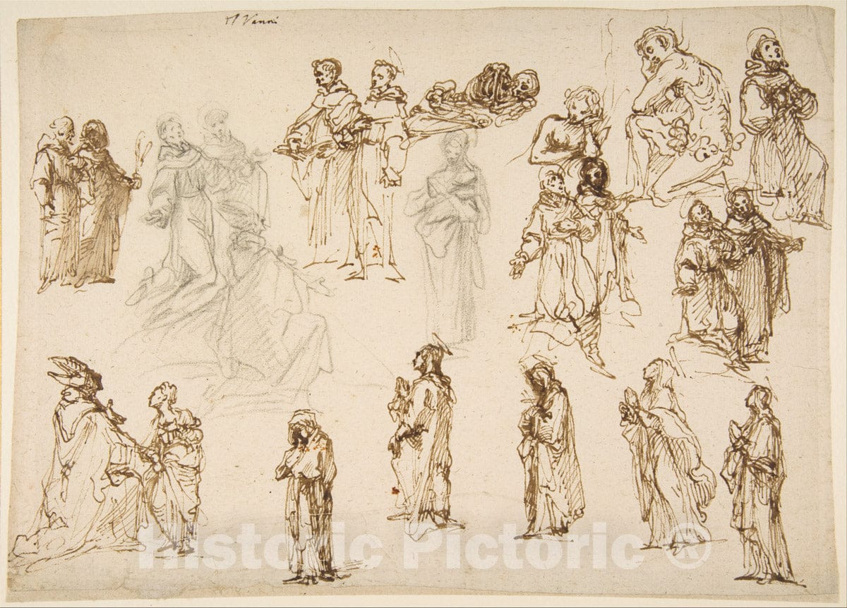 Art Print : Francesco Vanni - Figure Studies: Standing and Kneeling Clerics and Religious, Adam and Eve, and a Reclining Skeleton : Vintage Wall Art
