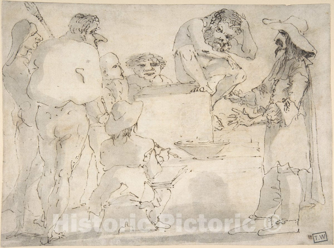 Art Print : Circle of Guercino (Giovanni Francesco Barbieri) - Group of Caricatured Figures with an Artist drawing : Vintage Wall Art