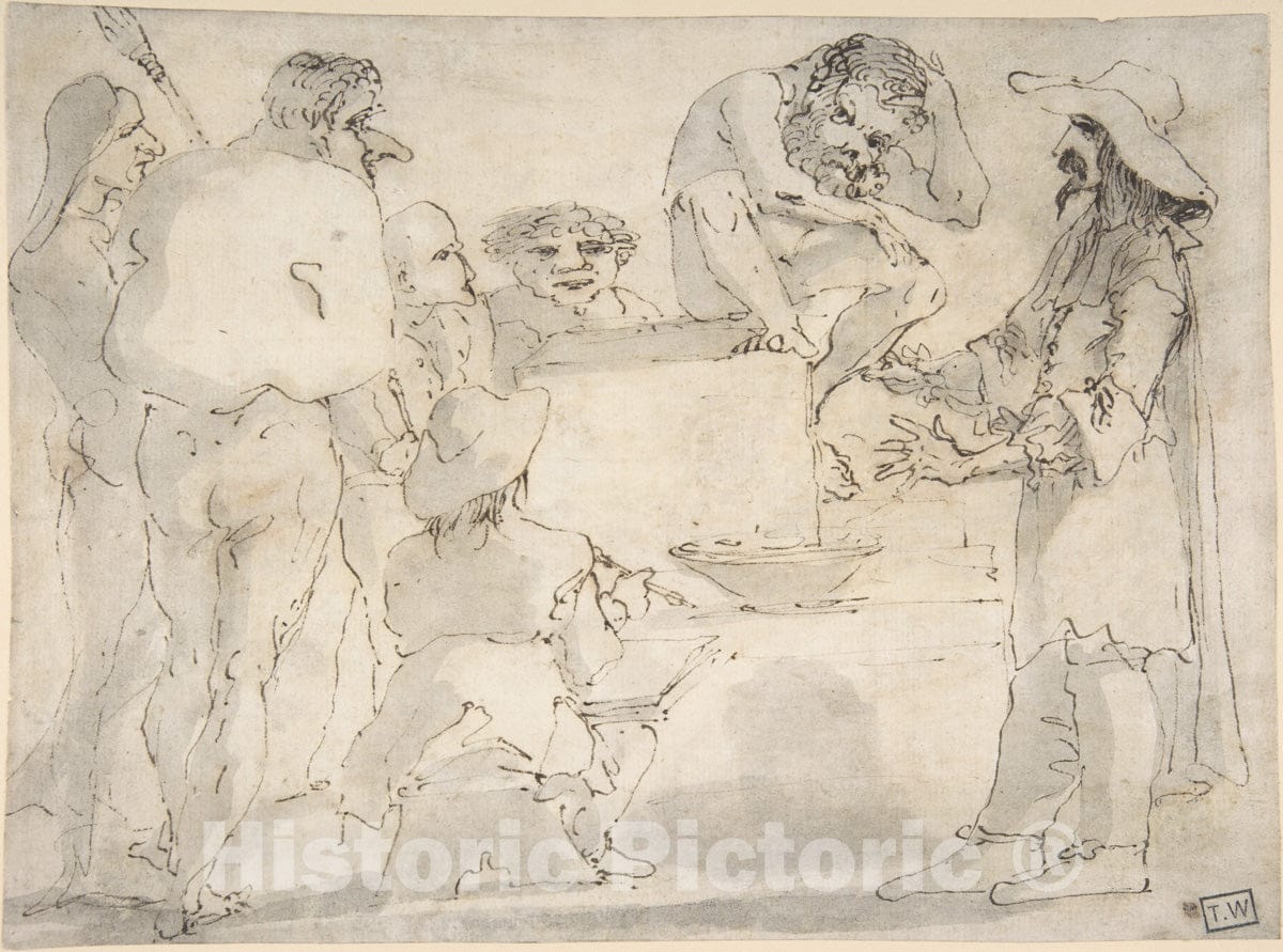 Art Print : Circle of Guercino (Giovanni Francesco Barbieri) - Group of Caricatured Figures with an Artist drawing : Vintage Wall Art