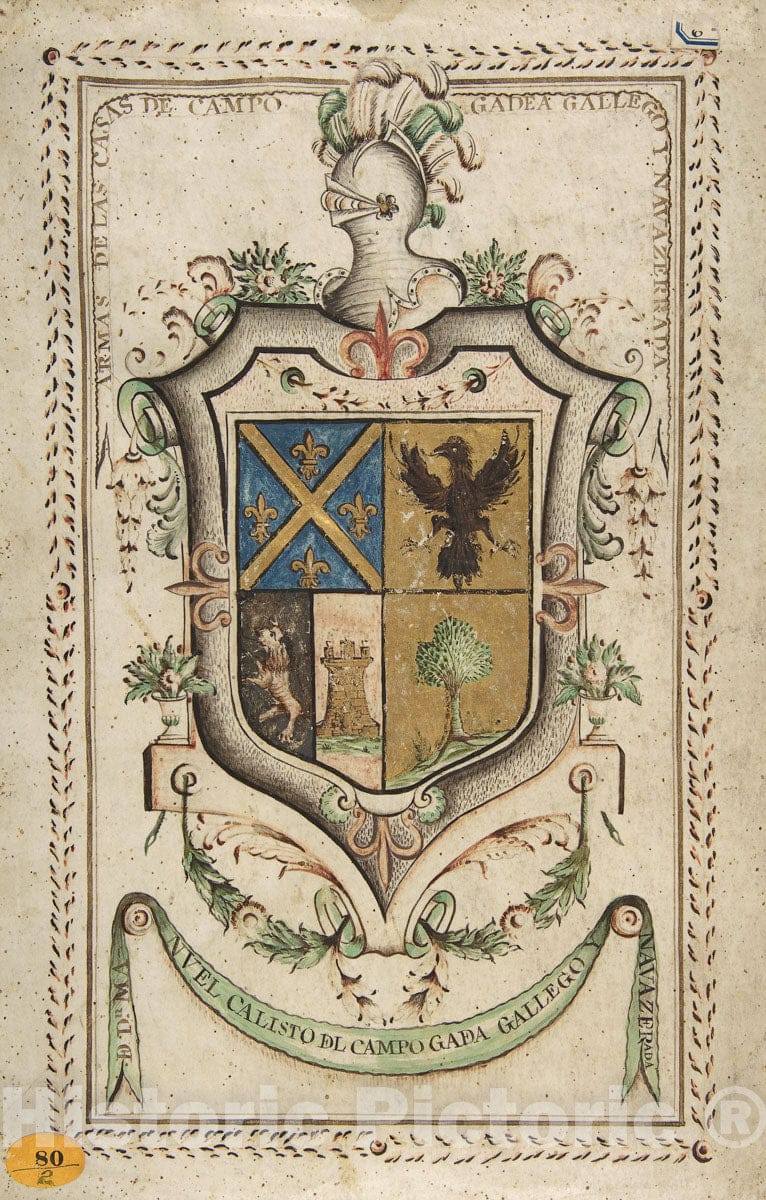 Art Print : Spanish, 18th Century - Coat of Arms Surmounted by a Plumed Helmet : Vintage Wall Art