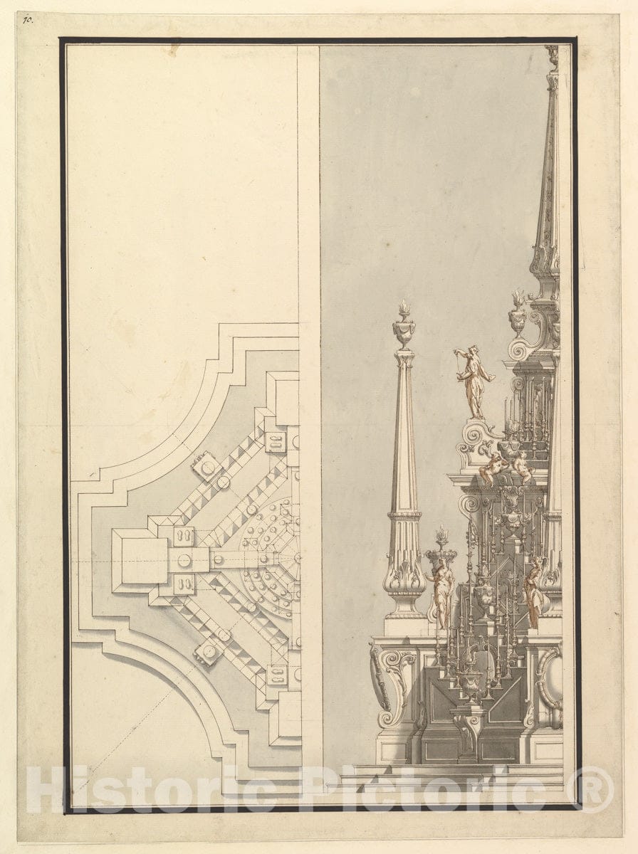Art Print : Workshop of Giuseppe Galli Bibiena - Half Ground Plan, Half Elevation for a Catafalque for a Duchess de Berri : Vintage Wall Art