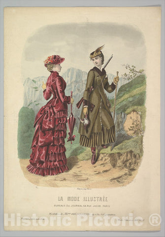 Art Print : Adèle-Anaïs Toudouze - A Lady in a Hunting Costume with a Lady in Walking Costume on a Mountain Path from La Mode Illustrée : Vintage Wall Art
