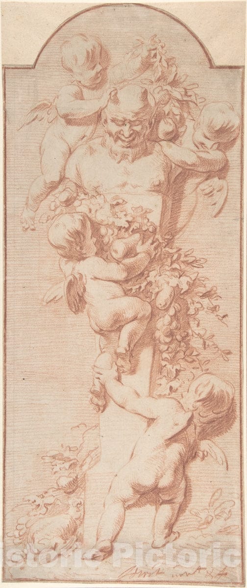 Art Print : Jacob de Wit - Four Putti Decorating a Herm with Garlands of Fruit and Foliage : Vintage Wall Art