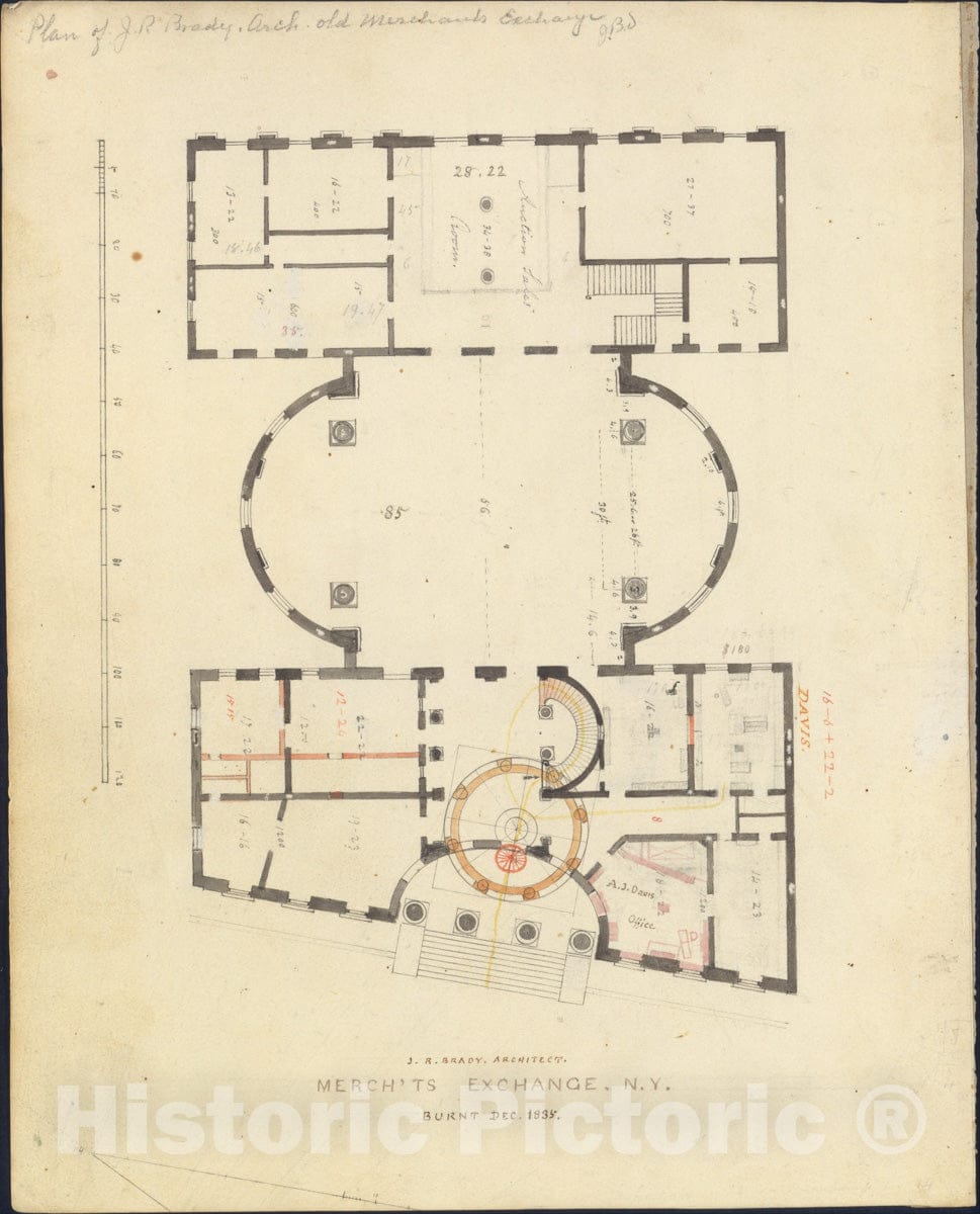 Art Print : Alexander Jackson Davis - First Merchant's Exchange, New York (Plan of Main Floor) : Vintage Wall Art