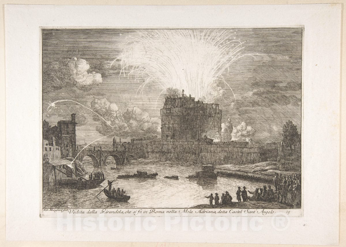 Art Print : Adriaen Manglard - Fireworks in Rome Over Castel Sant' Angelo : Vintage Wall Art