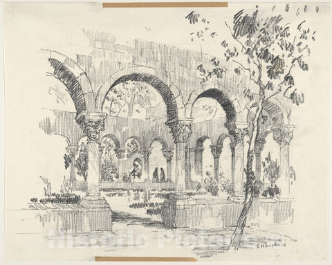 Art Print : Edward Howard Suydam - View of Cuxa Cloisters in The Garden of Barnard's Cloisters : Vintage Wall Art