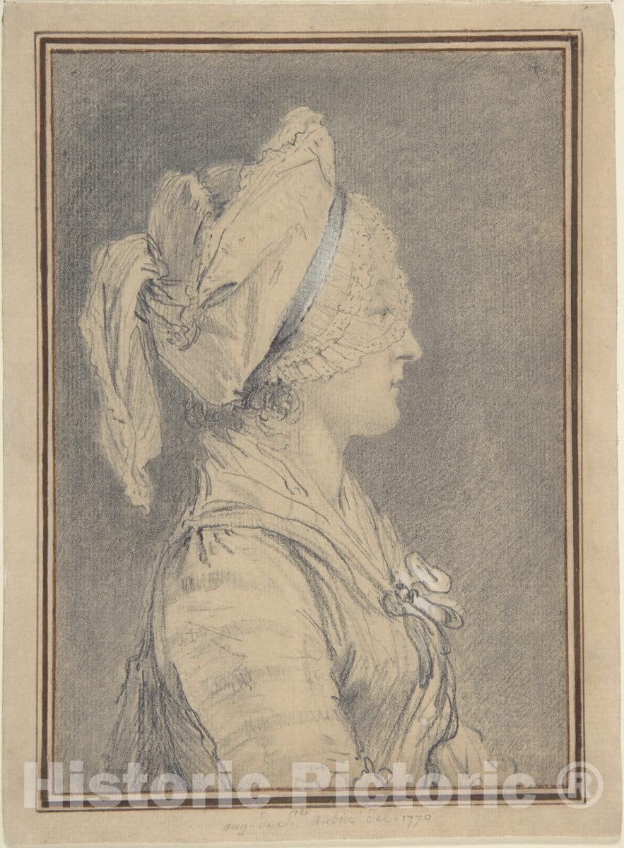 Art Print : Augustin de Saint-Aubin - Half Figure of a Woman Wearing a Cap, in Profile to Right : Vintage Wall Art