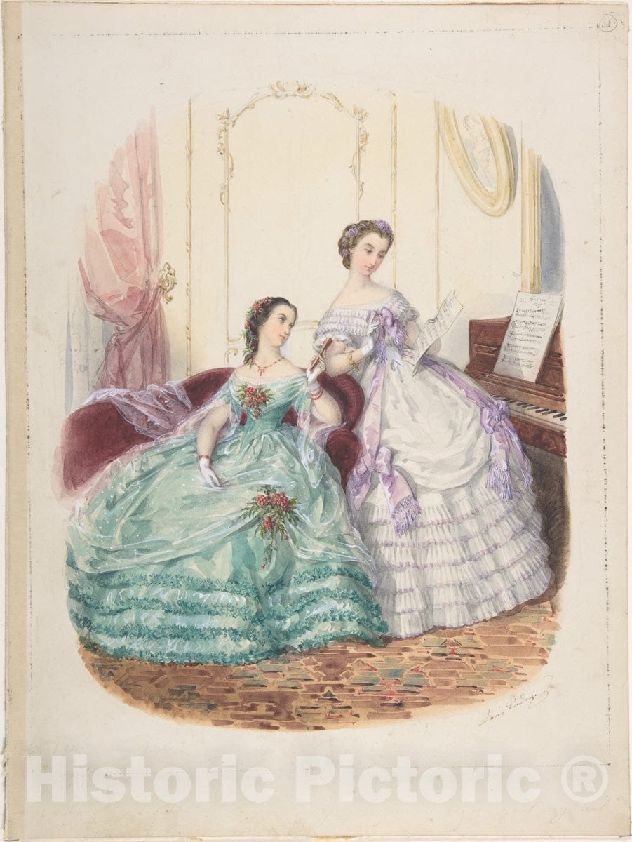 Art Print : Adèle-Anaïs Toudouze - Fashion Study: Two Women in Evening Dress : Vintage Wall Art